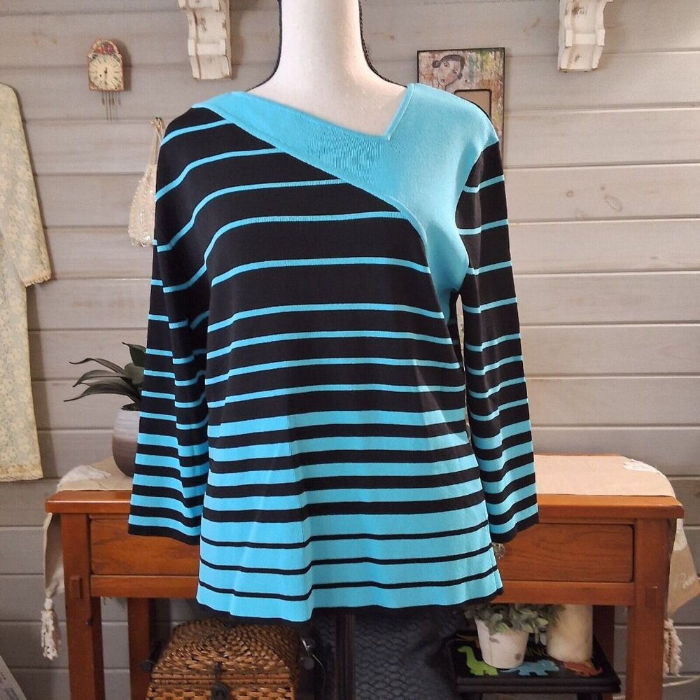Cyrus Black Turquoise Stripe Knit Top Asymmetrical Neck Line Sz L Bold Unique...